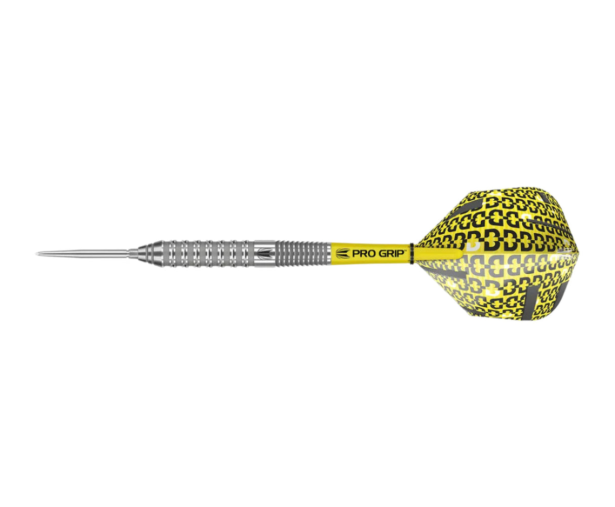 Steel tip tungsten dart shown side view on white, featuring ringed grip barrel, yellow shaft, and patterned yellow dart flight.