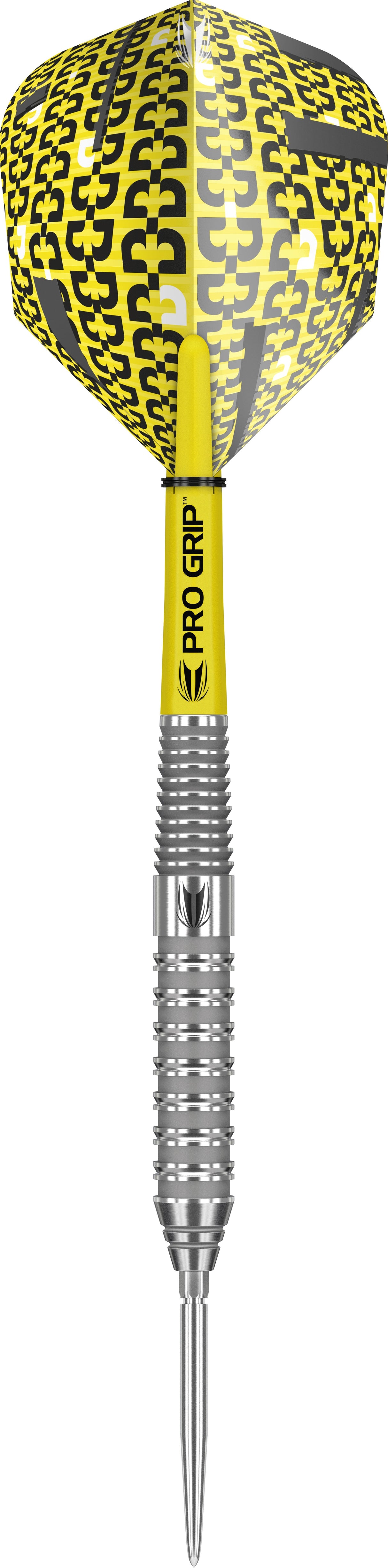 Steel tip tungsten dart with yellow Pro Grip shaft, textured ringed barrel, and yellow-black patterned flight on white background