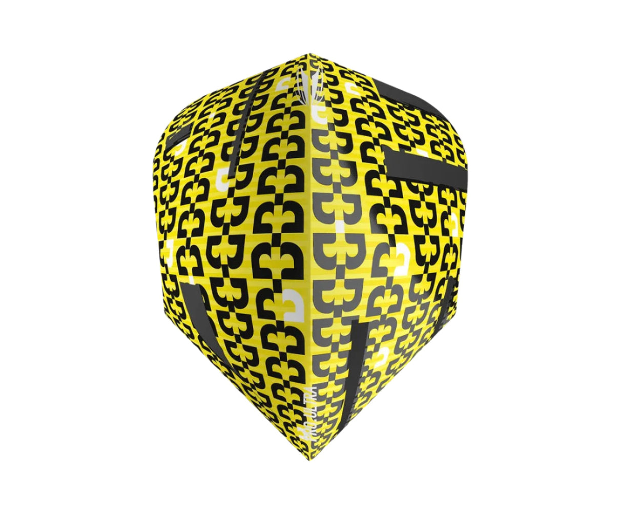 Macro close-up of dart flight with bold yellow and black pattern, isolated on white, highlighting durable flight design for dart players