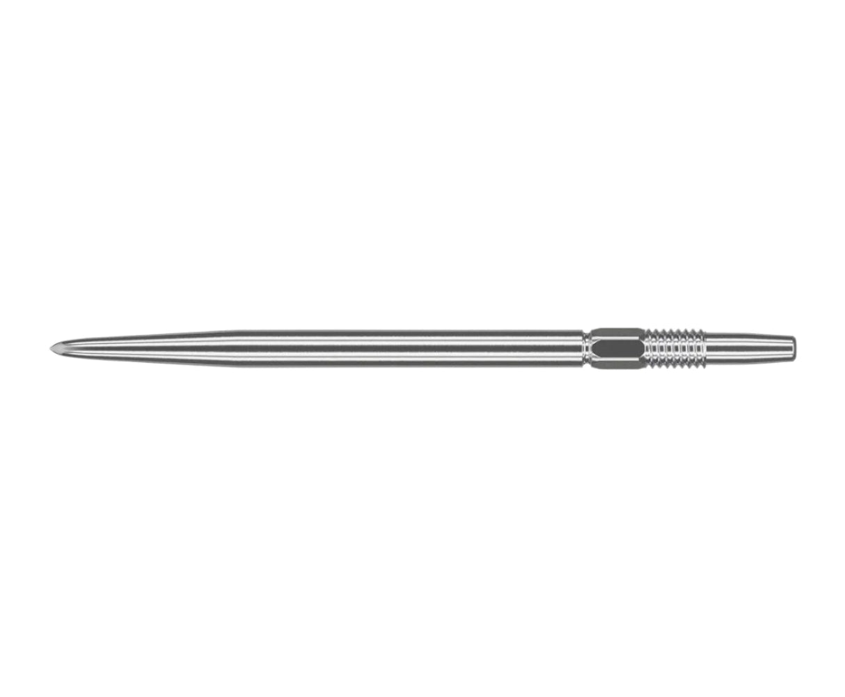 steel dart point full length side view on white background showing precision tip and textured threading for secure fit