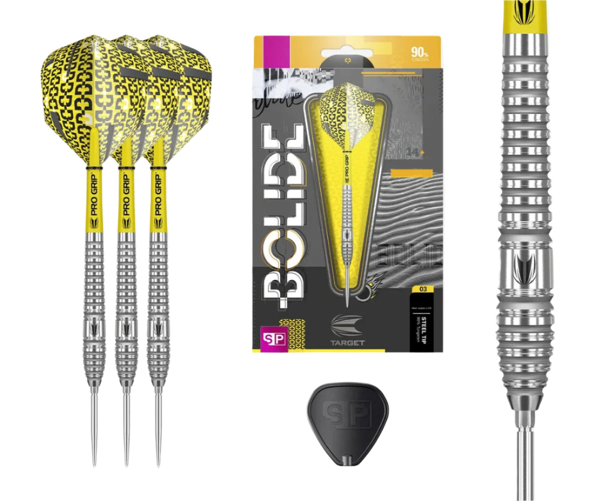 Steel tip tungsten darts set with yellow flights, knurled barrel close-up, retail packaging, and included spare point on white background