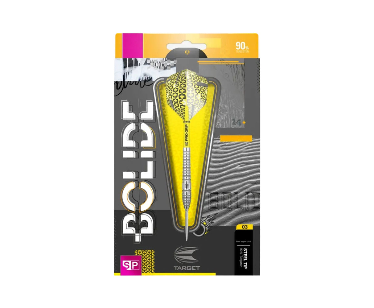 Steel tip tungsten dart in retail packaging, showing knurled barrel grip and yellow patterned flight, full product view for buyers.