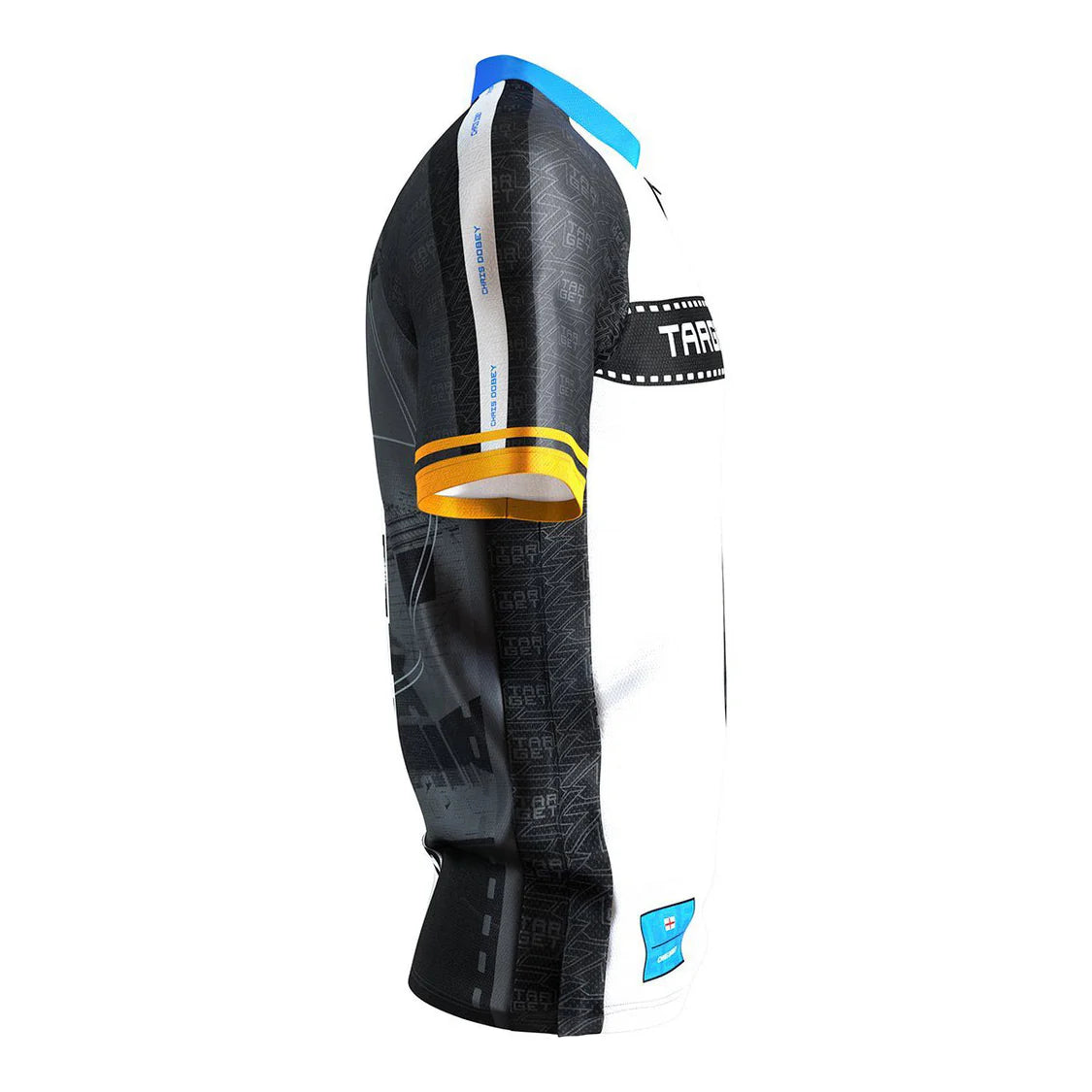 side view darts shirt with black and white panel design, yellow sleeve band, blue collar, and detailed fabric graphics