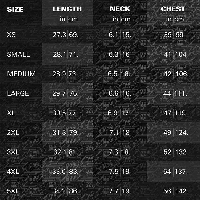 Top-down size chart for Chris Dobey 2025 dart shirt showing XS-5XL measurements in inches and centimeters