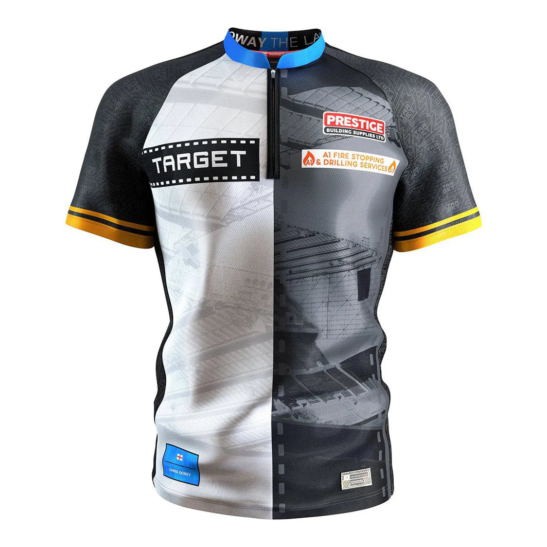 Front view Chris Dobey 2025 dart shirt, split black and white design, sponsor logos, yellow sleeve stripes, zip neck, isolated on white