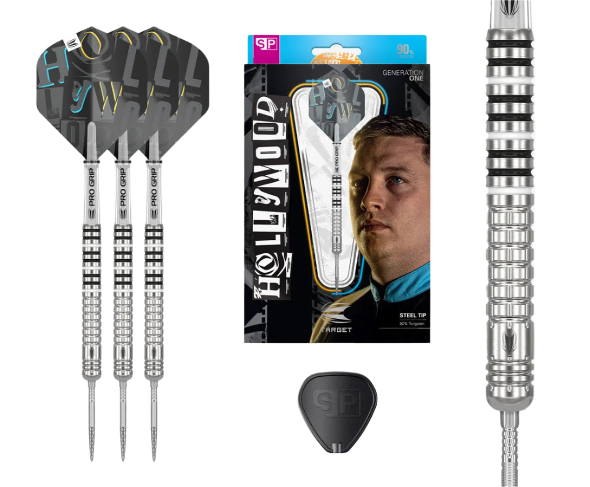 Three 90% tungsten steel tip darts with black flights, retail packaging, close-up of knurled barrel grip, and extra spare part