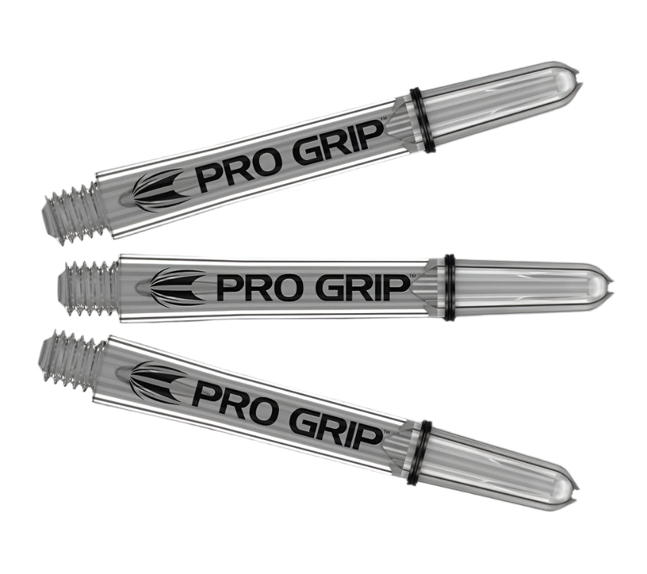Three clear Pro Grip dart shafts with threaded tips arranged on white background, showcasing durable design for tungsten darts