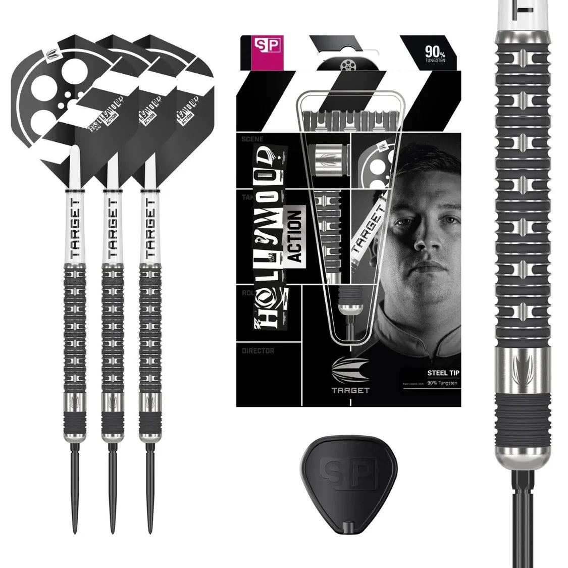 Steel tip darts set with 90% tungsten barrels, packaging, textured grip close-up, and SP accessory, isolated on white background