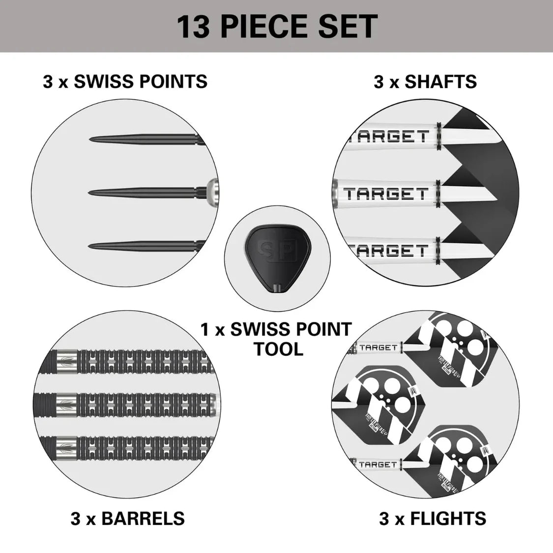 Top-down composite view of full dart set contents, featuring Swiss points, shafts with logos, knurled barrels, flights, and Swiss point tool