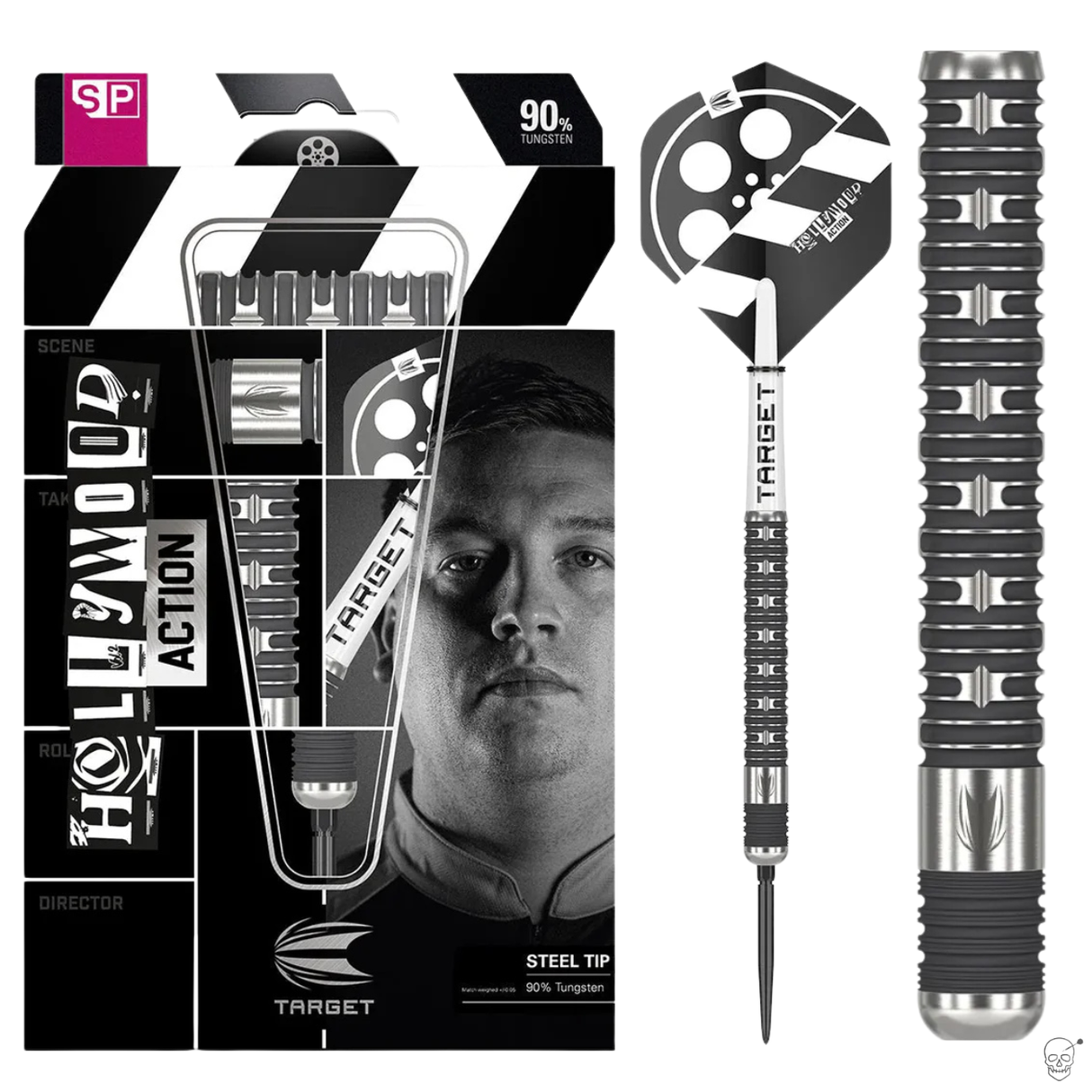 90% tungsten steel tip dart set in retail packaging with detailed close-up of knurled barrel grip and Hollywood-themed flights