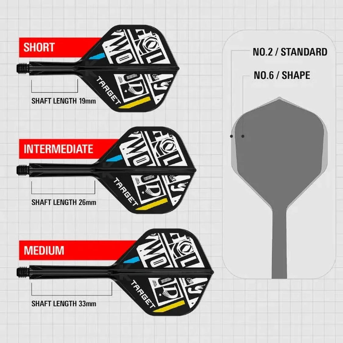 Dart shaft length comparison graphic with short, intermediate, and medium K-Flex No.2 shafts beside a No.2 versus No.6 flight shape size chart
