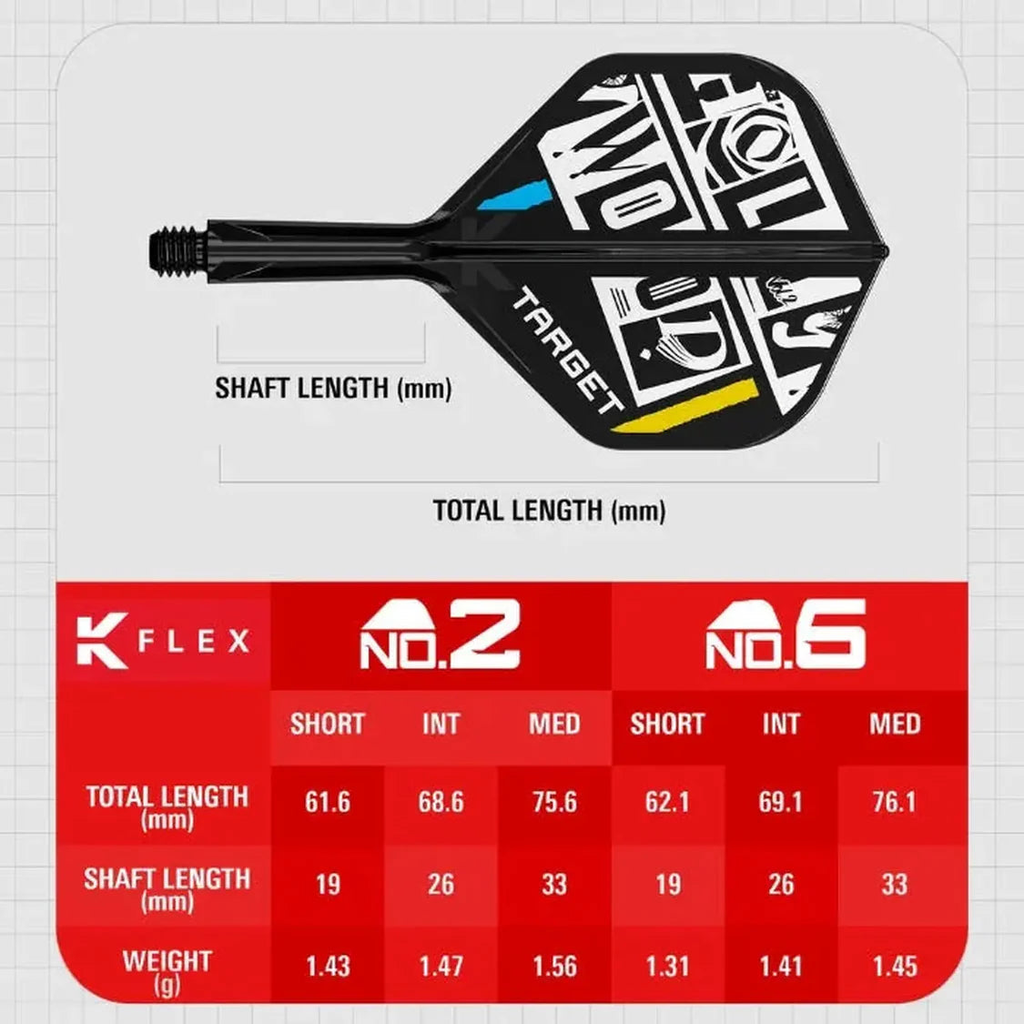 Side view of Chris Dobey K-Flex No.2 dart flight and shaft on white background with length and weight specs for dart buyers.