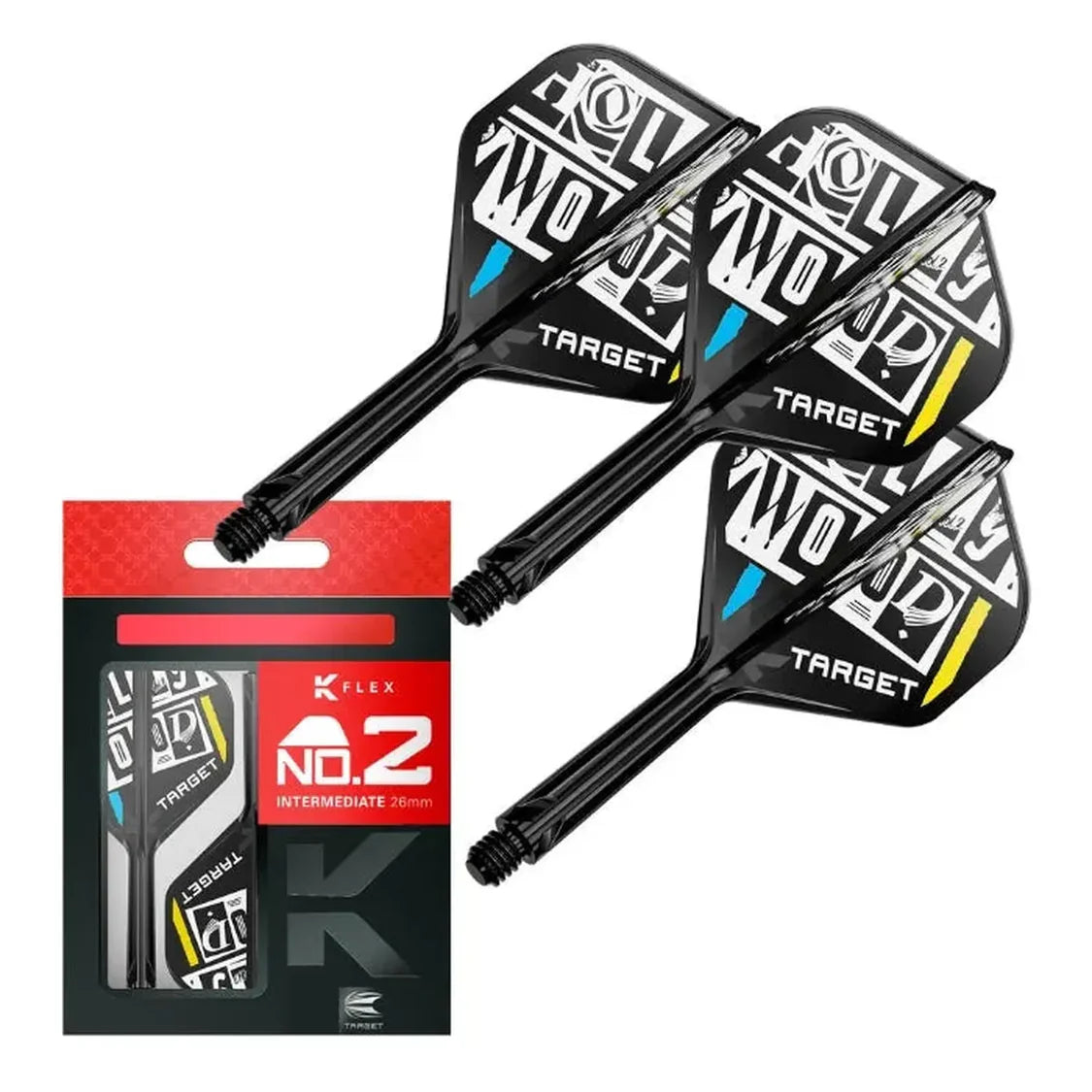 Angled view of Chris Dobey K-Flex No.2 dart flights and shafts with packaging, featuring bold graphic flights, for dart players