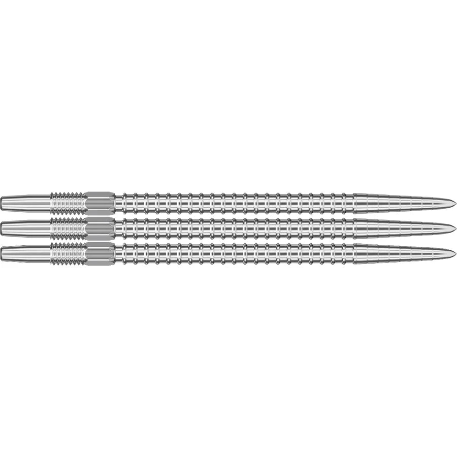 Three Swiss dart points with ridged grip and grooved tips arranged side by side on white background for dartboard accuracy