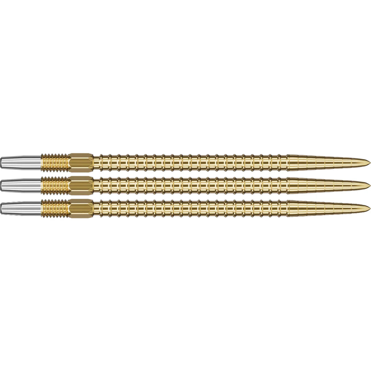 Three gold Chrono Swiss dart points side-by-side on white, showing precision grip ridges and angled tip design