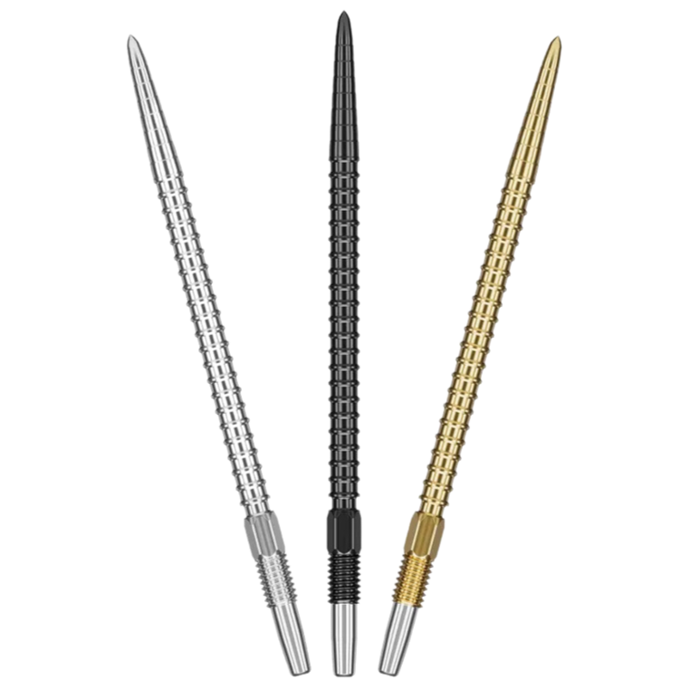 Three Chrono Swiss dart points in silver, black, and gold with ridged grip texture, full view on white background
