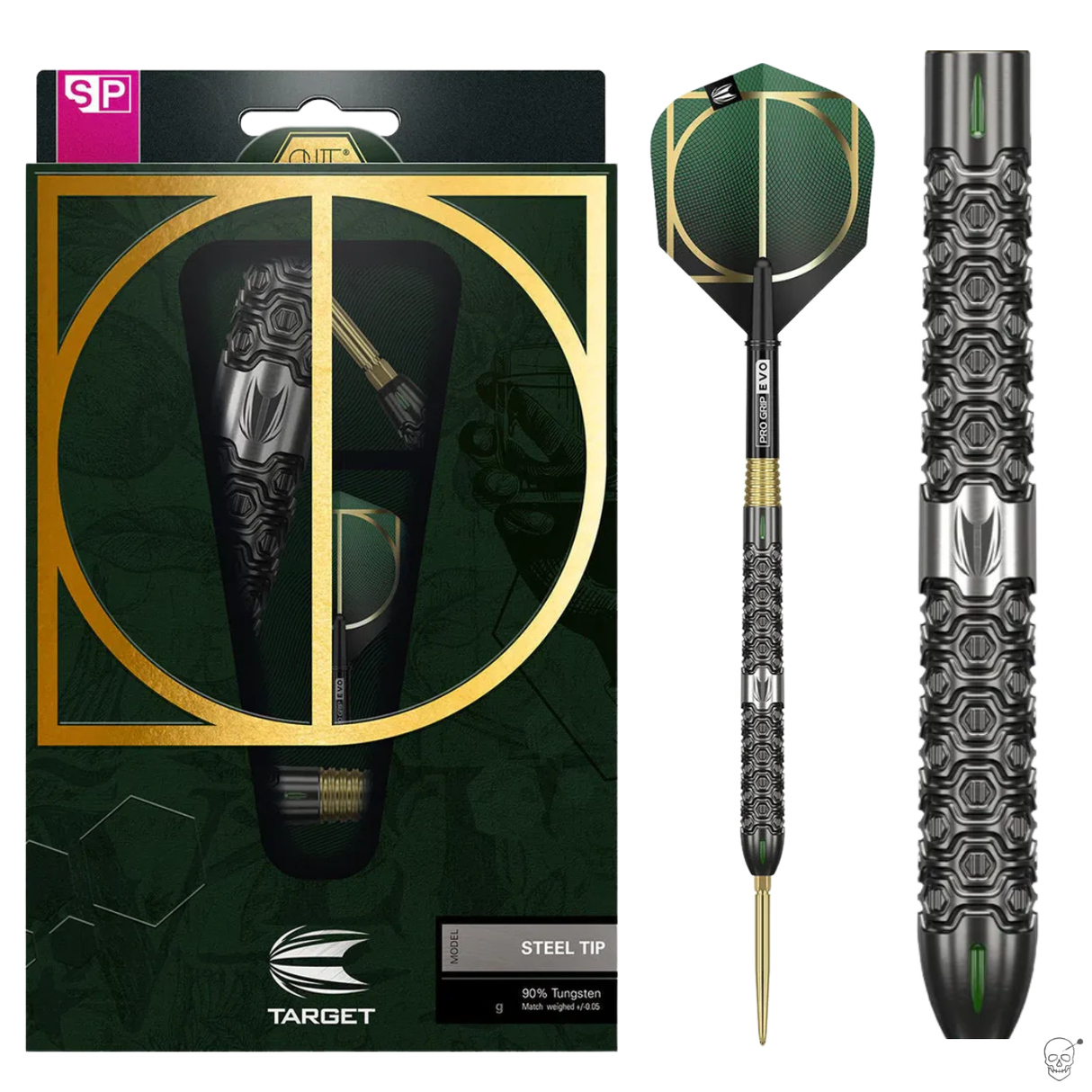Steel tip 90 percent tungsten dart in retail packaging with close-up on milled grip barrel and green-black flight design