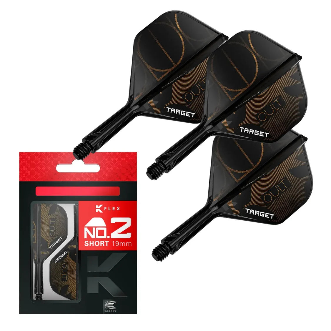 Three black Cult K-Flex No.2 integrated dart flights and shafts with gold pattern, shown with retail box, isolated on white background