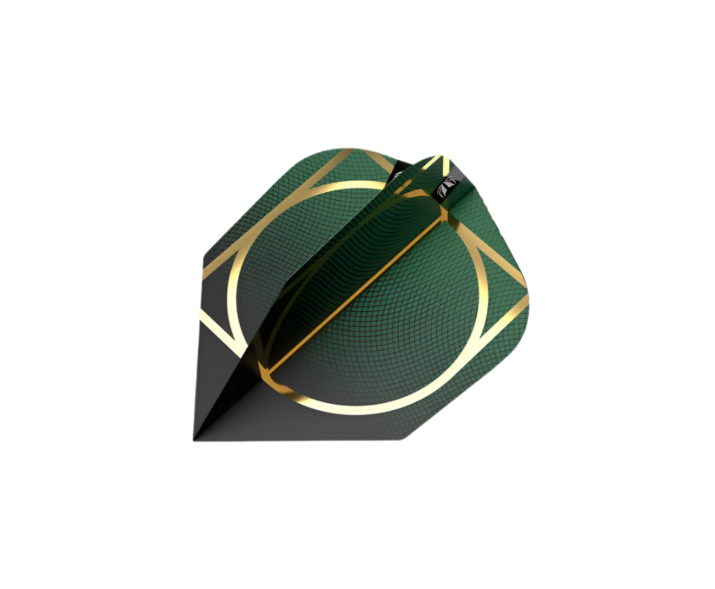Top-down view of dart flight with green and gold geometric pattern, isolated on white, showcasing flight shape and detailed texture