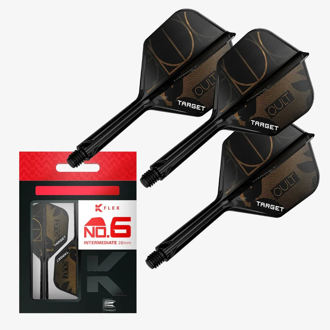 Set of three black Cult No.6 K-Flex integrated dart flights and shafts with retail packaging, full product display on white background
