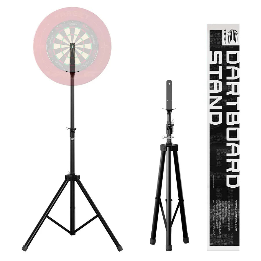 Adjustable tripod dartboard stand front and side views with packaging, lightweight portable dart setup equipment