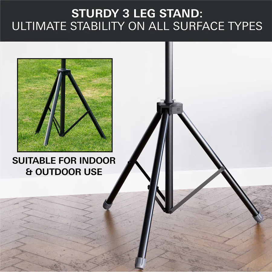 Three-leg dartboard stand base on wood floor with inset showing stable setup on grass for indoor outdoor dart setup