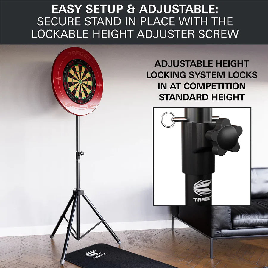 Adjustable dartboard stand with tripod base, lockable height screw and competition setup, shown in home setting with close-up inset.