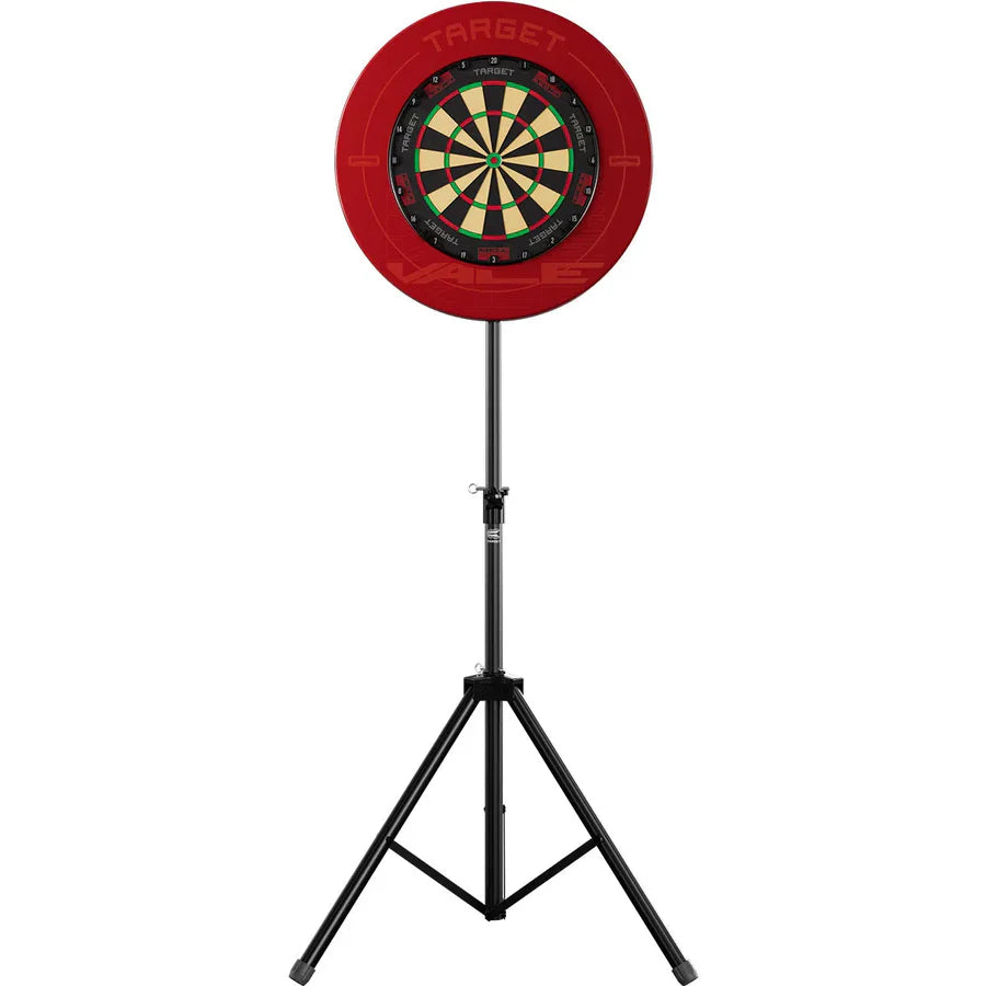 Portable dartboard stand with adjustable tripod, mounted dartboard and red surround, isolated on white background