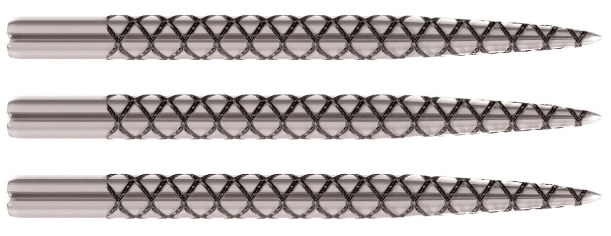 Set of three dart points in side view on white background, showing laser-etched crosshatch grip for secure throw and board hold