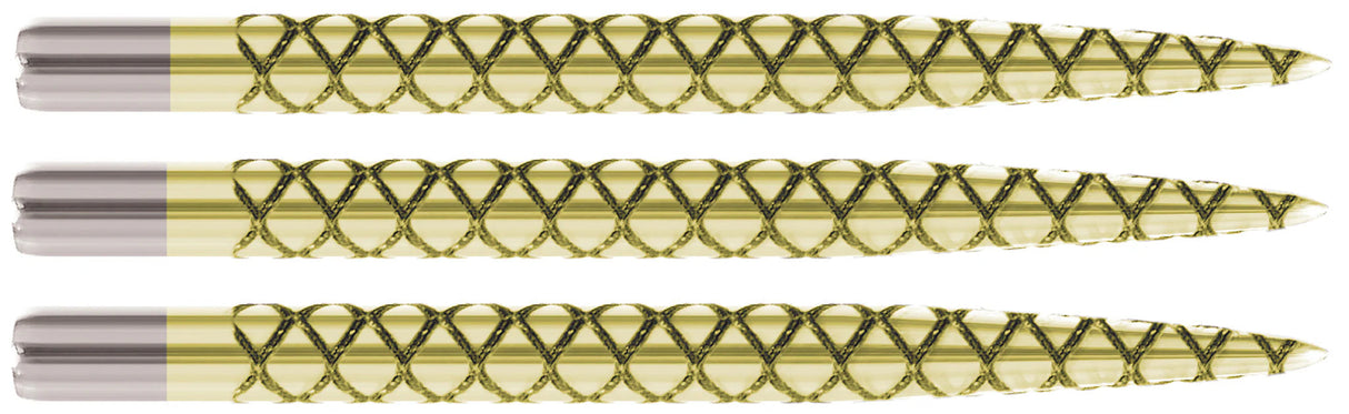Three dart points in full side view, isolated on white, featuring laser-etched diamond grip pattern for enhanced finger and board hold.