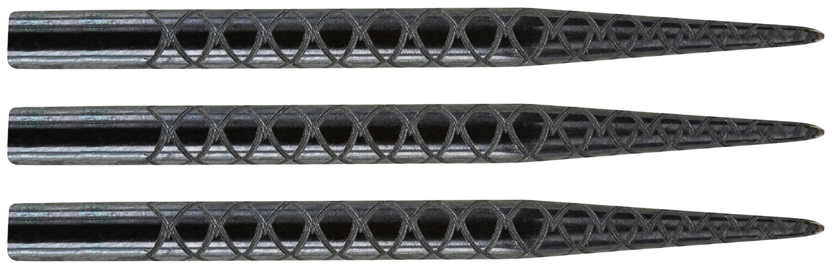 Close-up side view of three steel dart points with diamond laser-etched grip pattern, isolated on white background