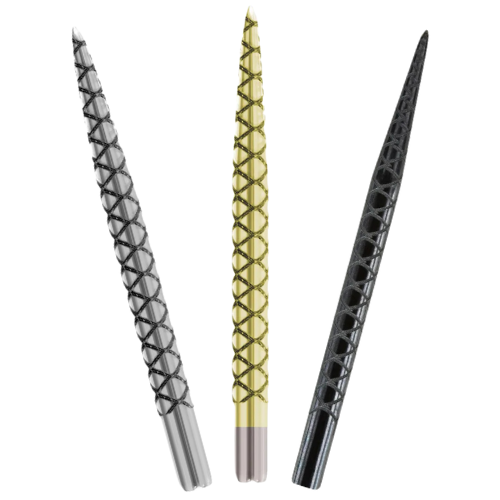 Three Diamond Pro dart points with laser-etched grip texture in silver, gold, and black finishes, isolated on white background