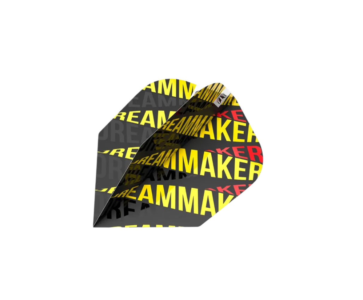 Close-up of Dreammaker dart flight with bold yellow and red lettering, single flight isolated on white background