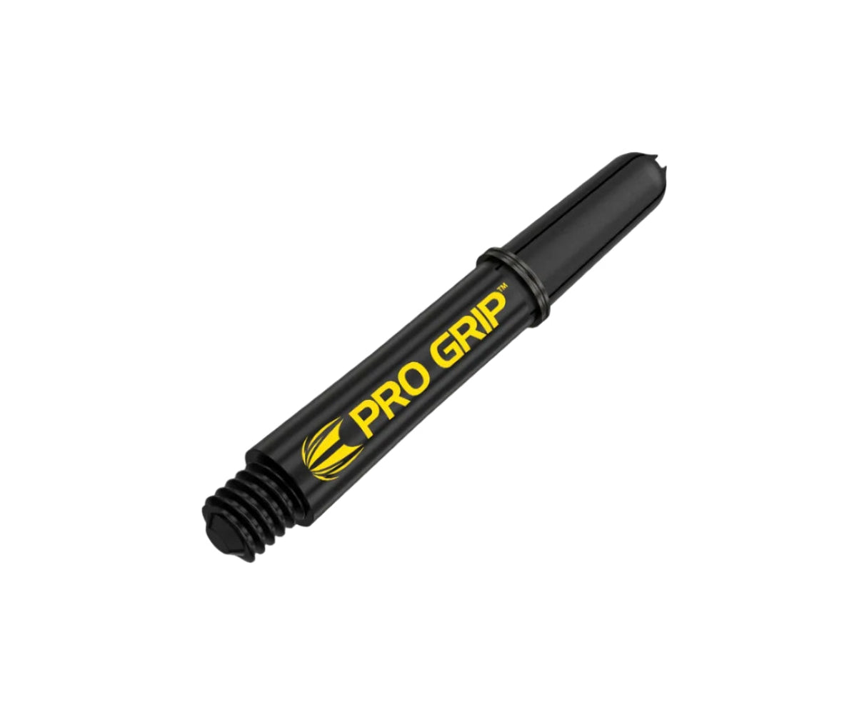 Close-up angled view of black dart shaft with yellow Pro Grip logo, threaded end visible, isolated on white background