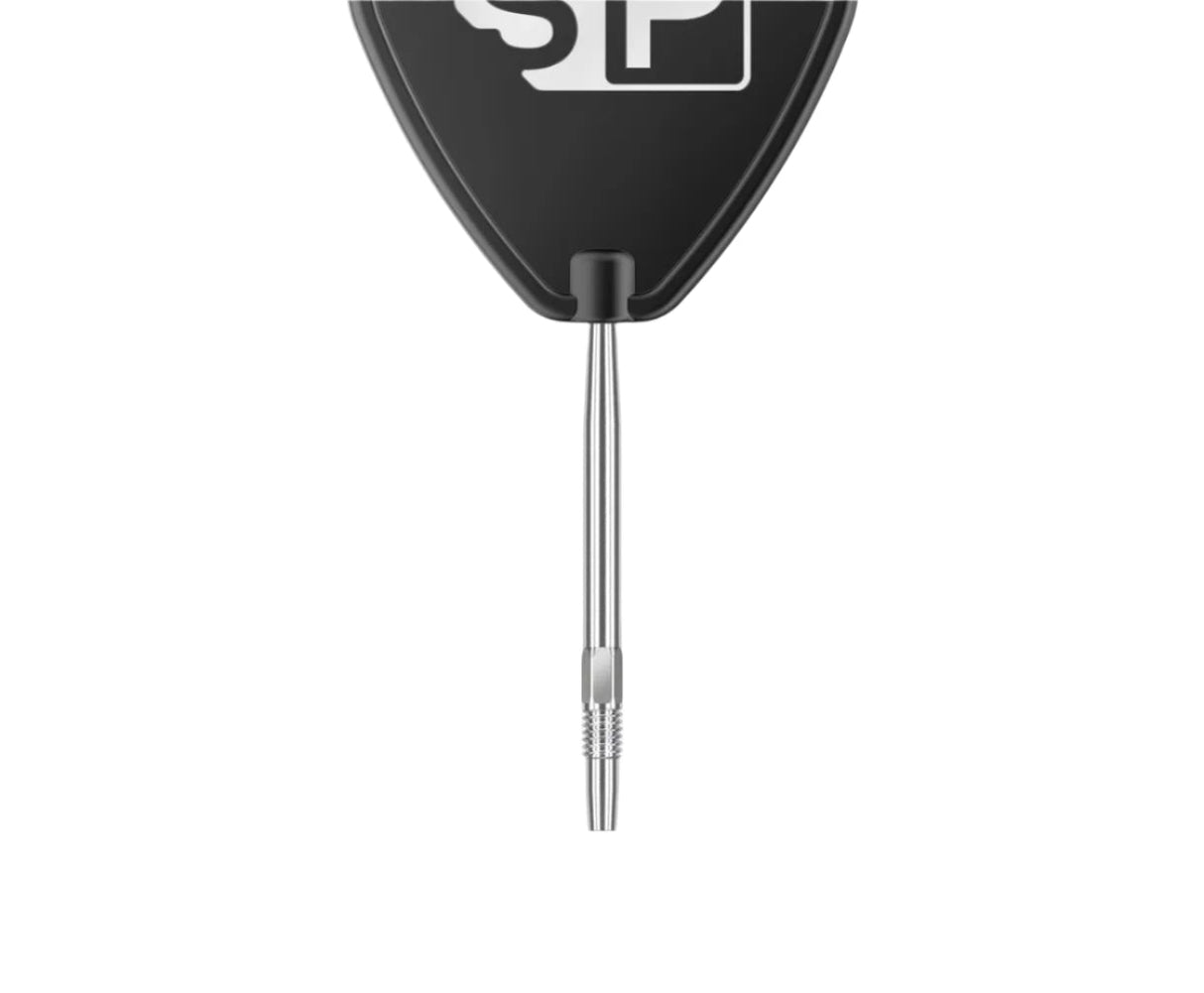 Single tungsten dart straight-on view, full assembly with point, smooth barrel, and black SP flight, isolated on white background