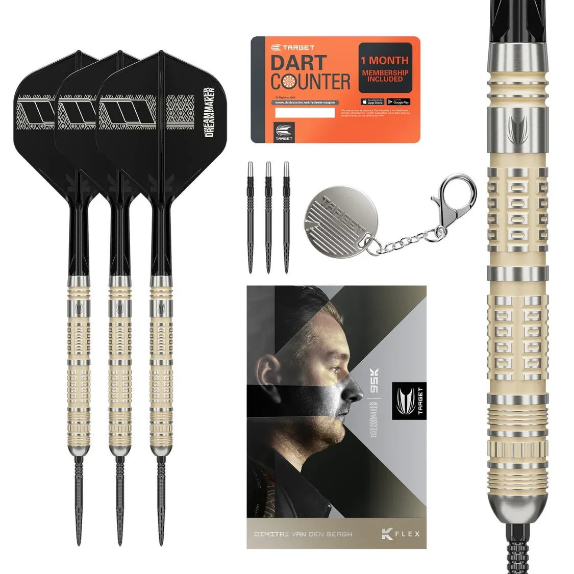 Triple tungsten darts with black flights, detailed grip barrels, spare points, keychain, dart counter card, and accessory booklet displayed top-down