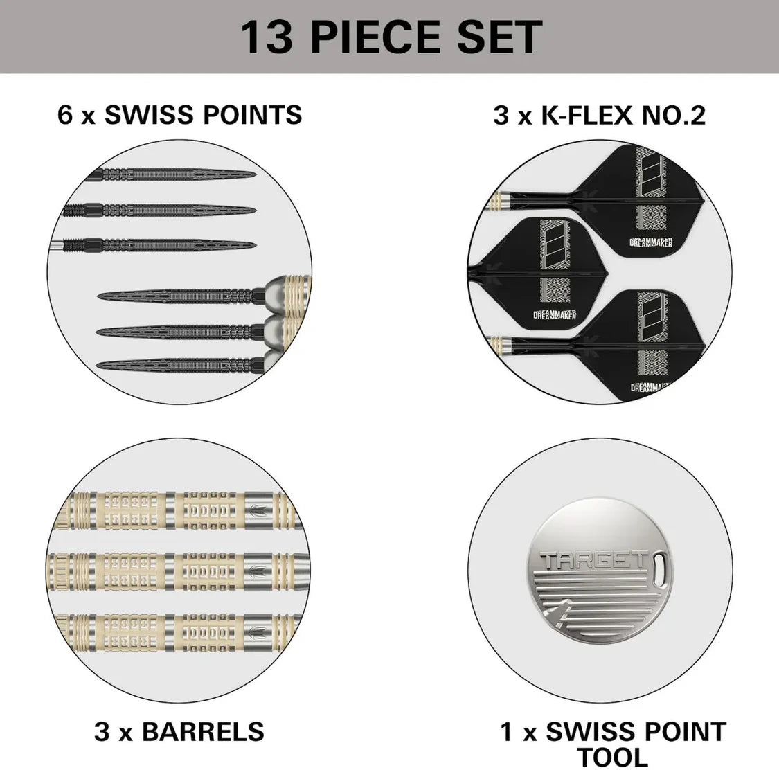 Dart accessory set with close-up views of Swiss points, K-Flex No.2 flights, 95% tungsten dart barrels, and Swiss point tool