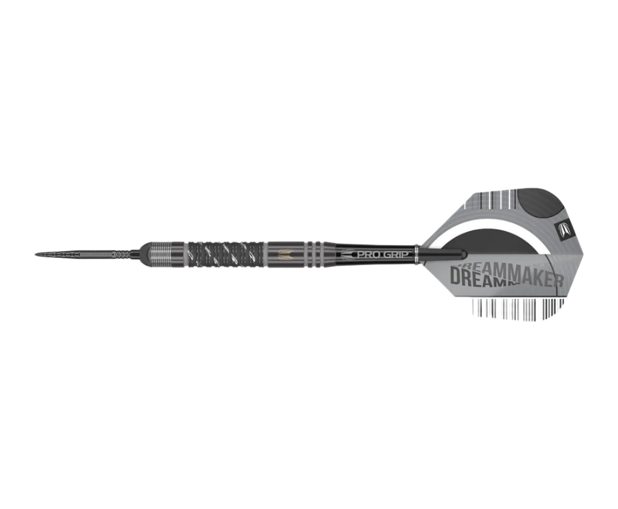 Full view tungsten steel tip dart with black textured barrel, Pro Grip shaft, and Dreammaker flight, isolated on white background