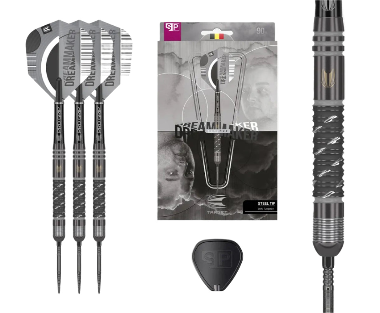 Dimitri Van Den Bergh Echo 90% tungsten steel tip darts set with retail packaging, detailed barrel grip close-up, and flight accessories