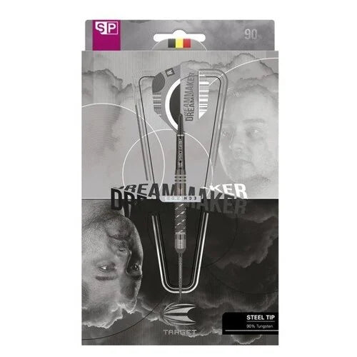 Steel tip tungsten dart displayed in retail packaging with Dreammaker branding, showcasing grip texture and player edition design.