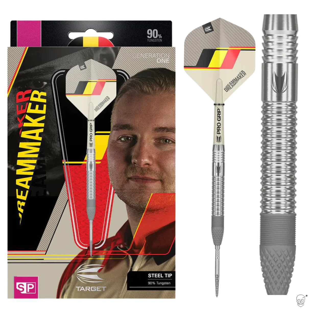 Steel tip tungsten dart with ringed grip, pro grip shaft and Dreammaker flights shown in packaging and isolated on white background
