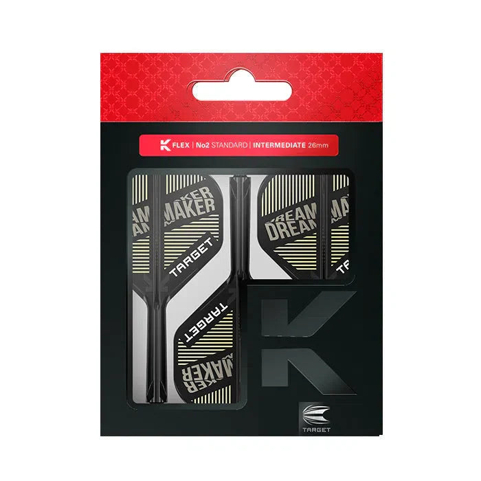 Retail packaged K-Flex No.2 standard darts flights with integrated shafts, black and gold Dream Maker design, isolated on white.