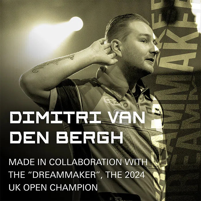 Dimitri Van den Bergh lifestyle shot on stage promoting professional dart collaboration with 2024 UK Open champion
