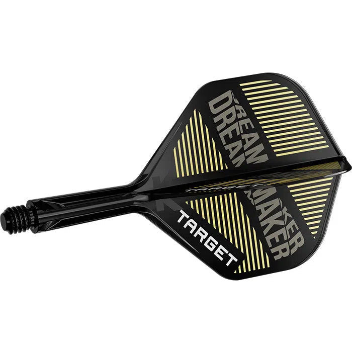 Close-up angled view of black dart flight and shaft with Dream Maker text, yellow graphic lines, K-Flex integrated design