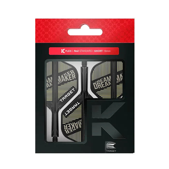 Dart shafts and flights in retail packaging, black and gold Dream Maker design, No.2 standard K-Flex short 19mm
