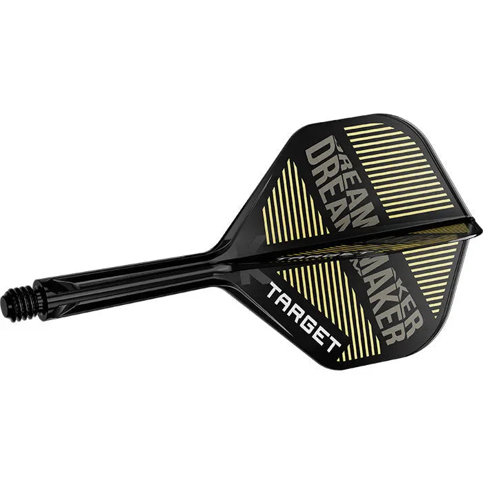 Single black K-Flex dart flight and shaft with gold 'Dream Maker' lettering, angled view, isolated, showing integrated stem and flight detail