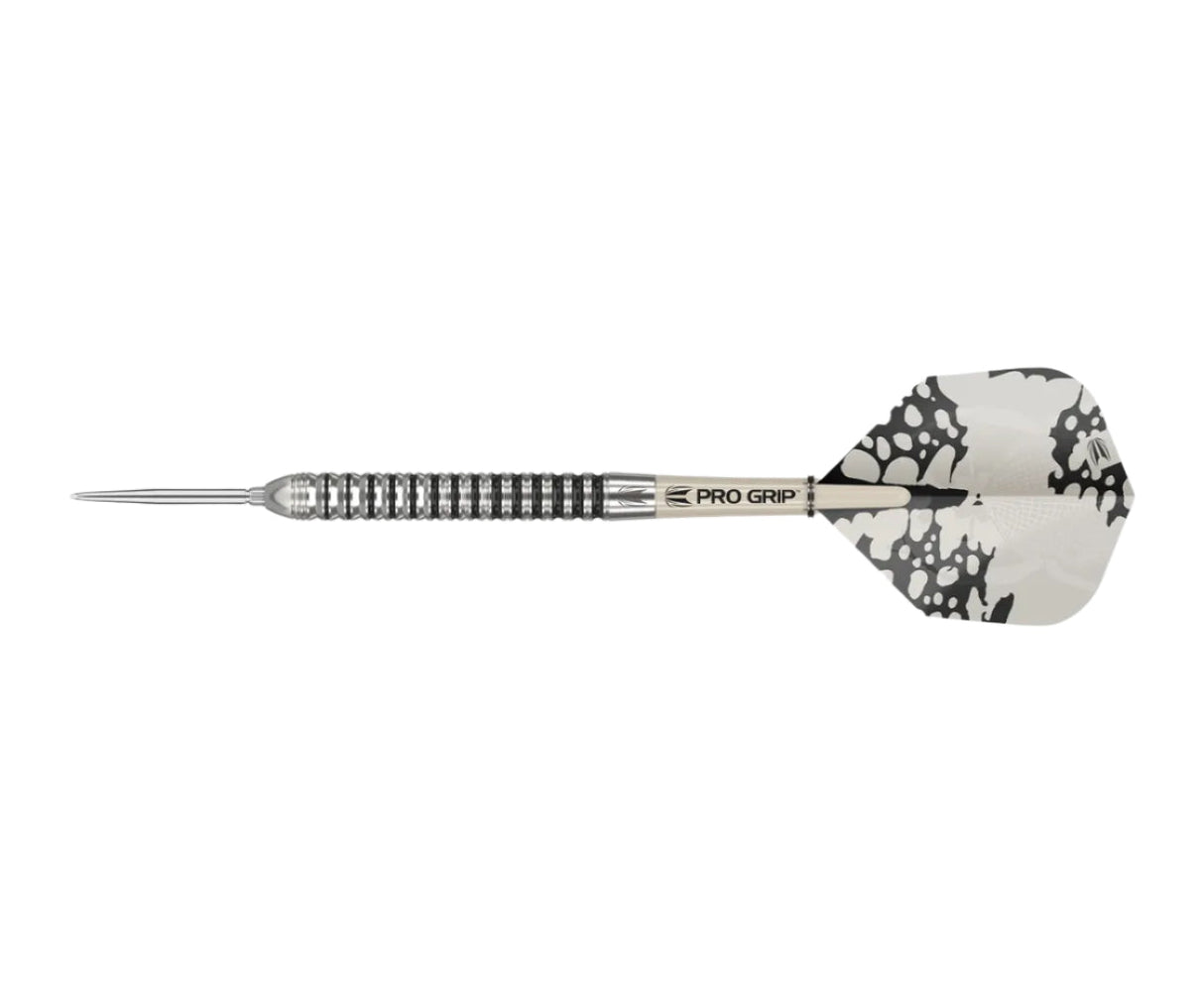 Steel tip tungsten dart full side view on white background, showing grooved barrel, pro grip shaft, and black and white patterned flight