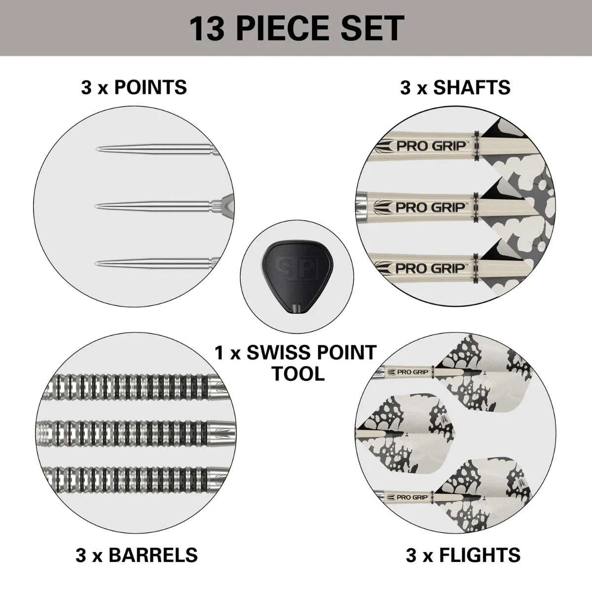 Top-down composite showing dart set parts: grooved barrels, steel points, camo flights, Pro Grip shafts, and Swiss Point tool