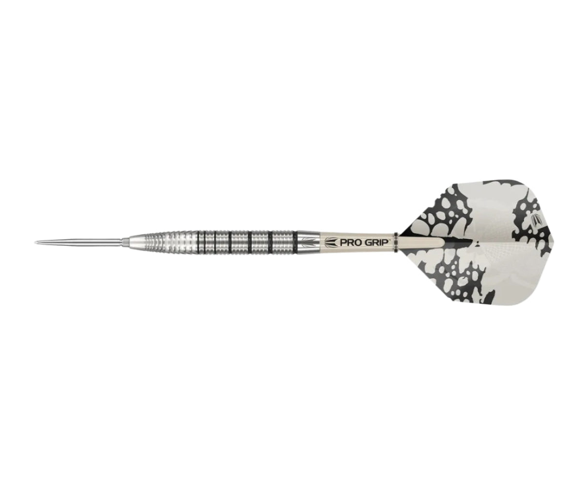 Single 90% tungsten dart displayed side-on, showcasing ringed grip barrel and black-white patterned flight on white background