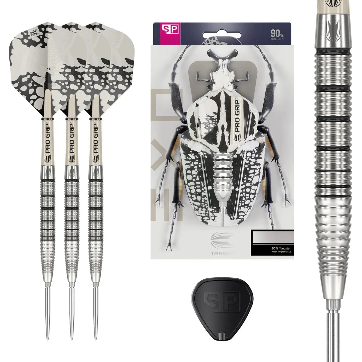 Full view of three 90% tungsten darts with grip detail, packaging, spare flight, and close-up barrel texture for dart players